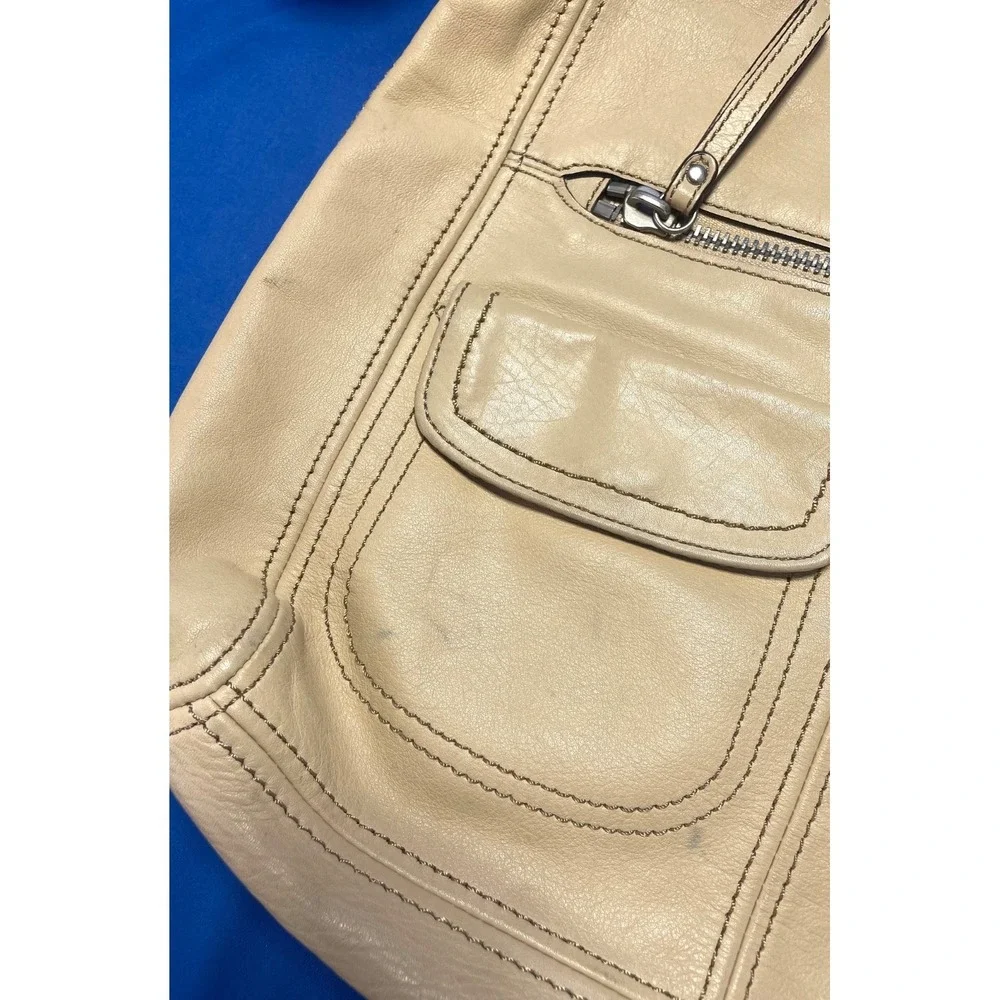 Fossil Leather Hobo Shoulder Bag Beige Tan Front Zip Pocket Slouchy Purse